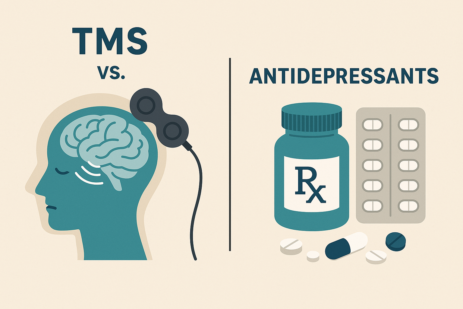 TMS vs. Antidepressants illustration showing a brain receiving magnetic stimulation on one side and pill-based treatment on the other, highlighting depression treatment options.