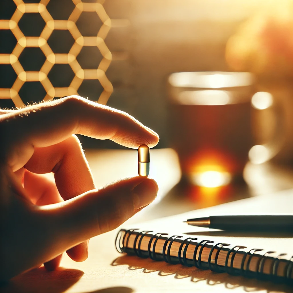 A close-up of a hand holding a small microdose capsule, with a soft-focus background of a desk with a notebook and a cup of tea. The image represents microdosing therapy benefits.
