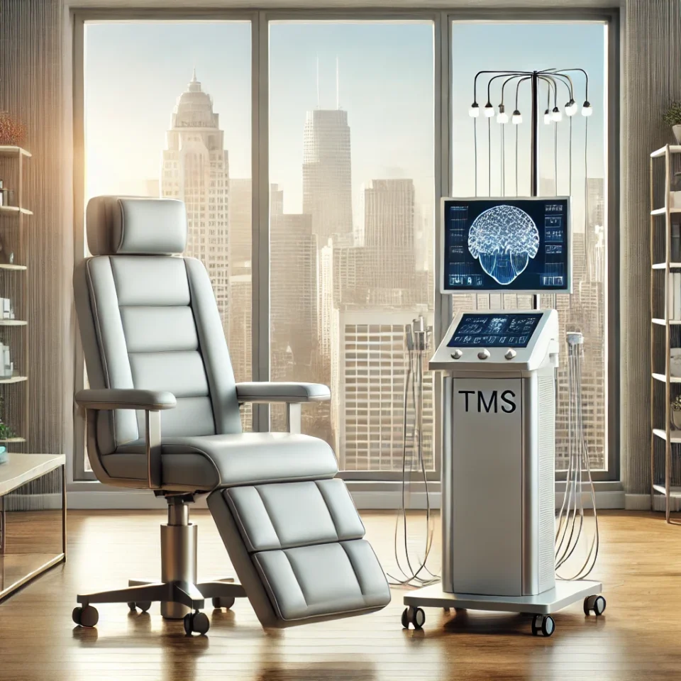 Modern TMS therapy clinic in Chicago with a comfortable treatment chair and a transcranial magnetic stimulation (TMS) machine, set in a calm and professional environment.