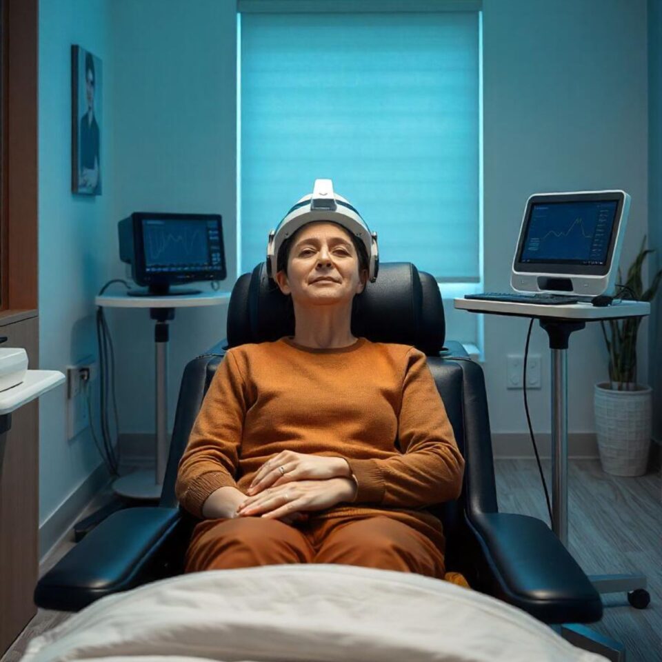 Person in a chair with a headset, in a room with medical monitors.