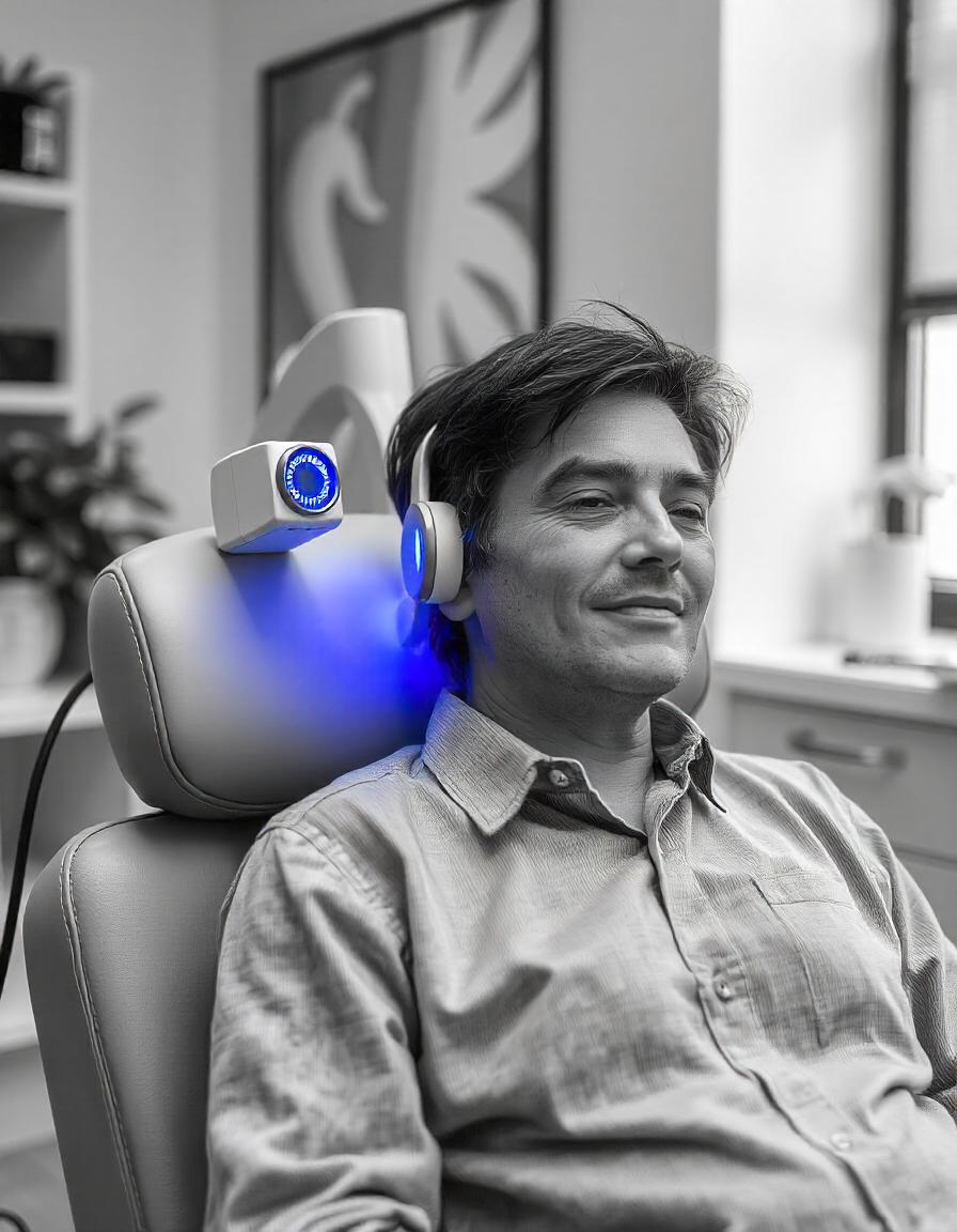 An image of a person undergoing Transcranial Magnetic Stimulation (TMS) therapy.